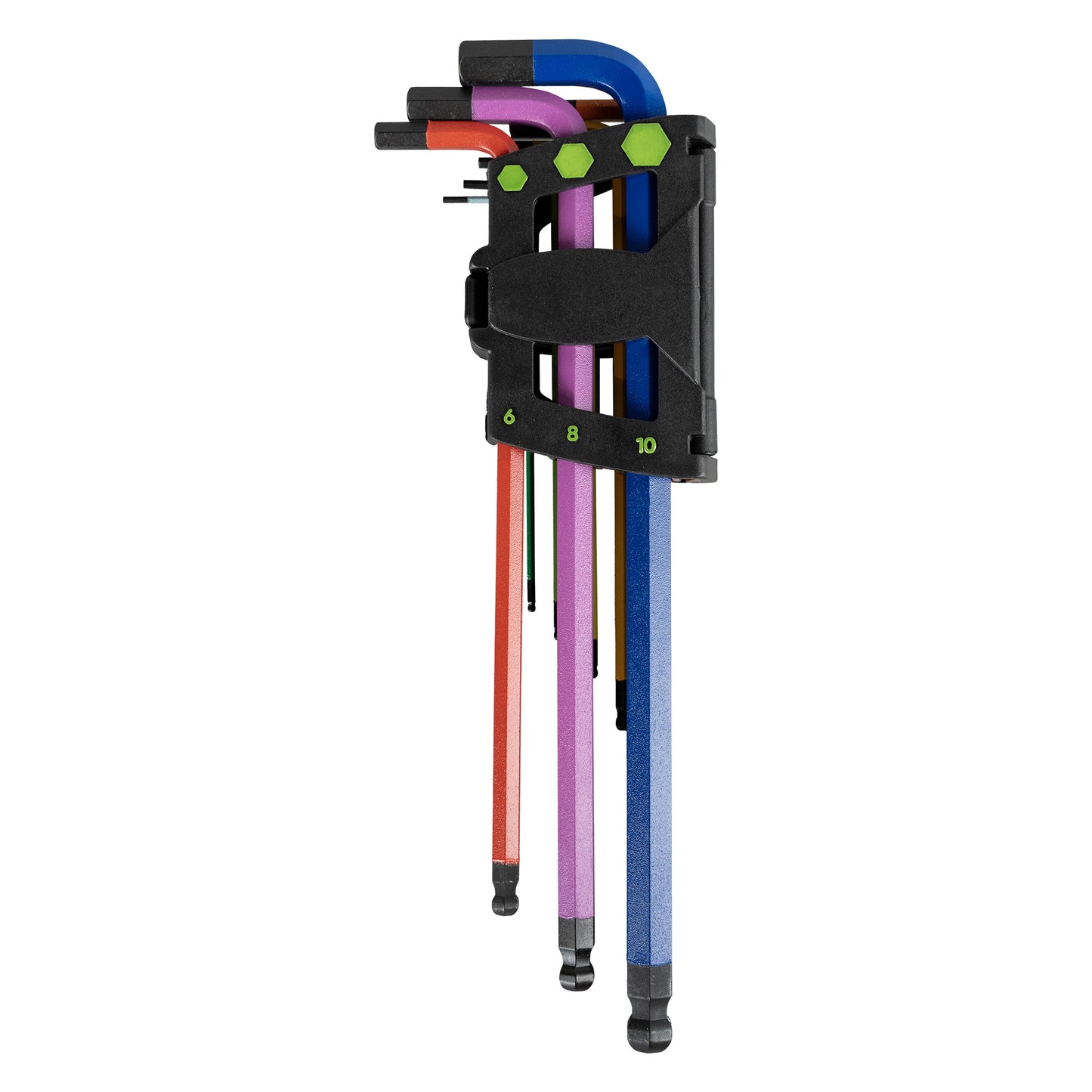 9 PIECES COLOUR PAINTED EXTRA LONG HEXAGONAL KEY SET WITH ROUND TIP