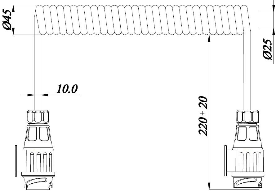 Coiled cable with plugs 13PIN 12V, 3m, 8 cores