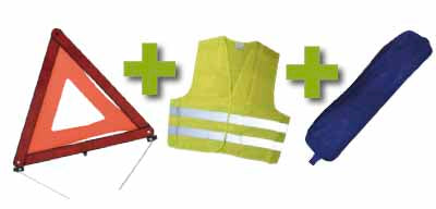 EMERGENCY KIT + BLUE BAG WITH BORDER + REFLECTIVE VEST + WARNING TRIANGLE