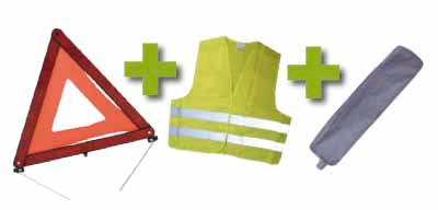 EMERGENCY KIT + GREY BAG WITH BORDER + REFLECTIVE VEST + WARNING TRIANGLE