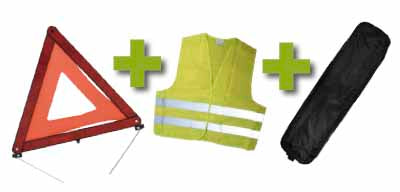 EMERGENCY KIT + BLACK BAG WITH BORDER + REFLECTIVE VEST + WARNING TRIANGLE