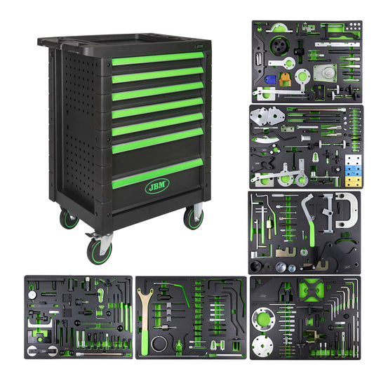 7 DRAWER TOOL TROLLEY - GREEN - TIMING TOOL SET INCLUDED