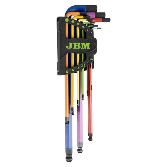 9 PIECES COLOUR PAINTED EXTRA LONG HEXAGONAL KEY SET WITH ROUND TIP