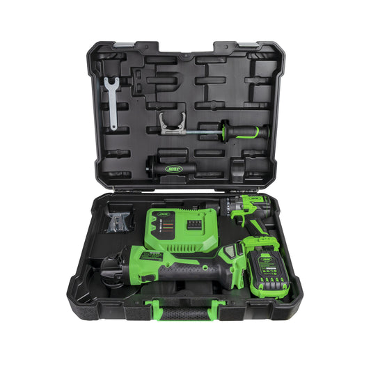 BRUSHLESS  ANGLE GRINDER 125MM AND HAMMER DRILL KIT WITH STORAGE CASE
