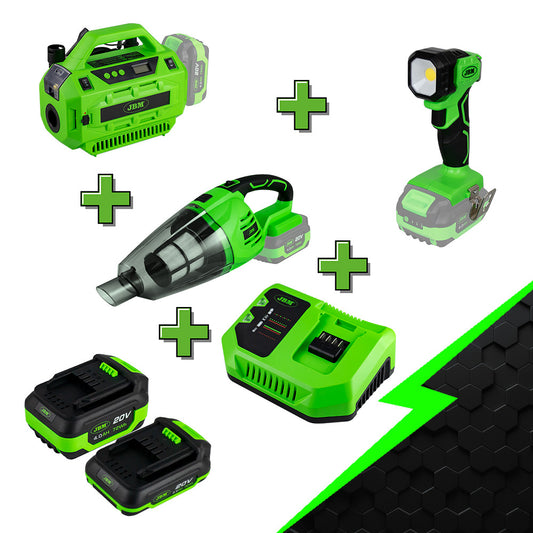 VACUUM CLEANER+ INFLATOR + WORKING LIGHT+ X2 BATTERIES + CHARGER