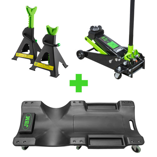 53779 2 AXLE STANDS SET 3 TON + 52148 INSPECTION CREEPER + 50818 HEAVY DUTY TROLLEY JACK 3,5T