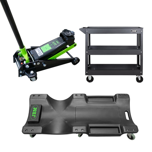 3,5T HEAVY DUTY TROLLEY JACK 50818+ MECHANIC'S CREEPER 52148+ 3-LEVEL TROLLEY 51576