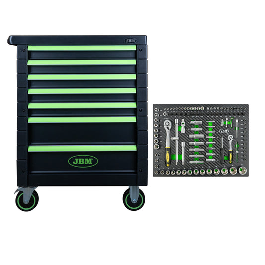 54006 7 DRAWER TOOL TROLLEY - GREEN - EMPTY + 14296Y 108 PIECE SOCKET SET TOOL TRAY