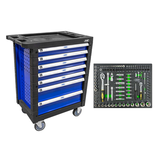 7 DRAWER TOOL TROLLEY - BLUE - EMPTY + 14296Y 108 PIECE SOCKET SET TOOL TRAY