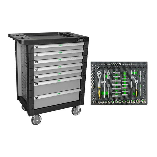 7 DRAWER TOOL TROLLEY - GREY - EMPTY + 14296Y 108 PIECE SOCKET SET TOOL TRAY