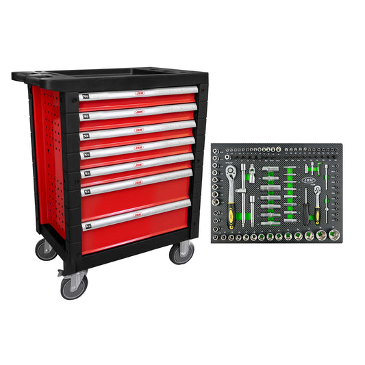 7 DRAWER TOOL TROLLEY - RED - EMPTY + 14296Y 108 PIECE SOCKET SET TOOL TRAY