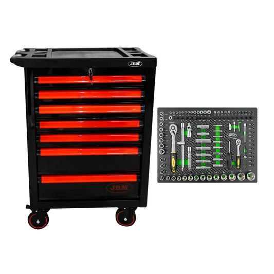 53766 7 DRAWER TOOL TROLLEY - RED - EMPTY + 14296Y 108 PIECE SOCKET SET TOOL TRAY - YELLOW TOOLS