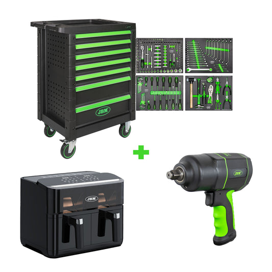 7 DRAWER TOOL TROLLEY - GREEN - TOOLS INCLUDED + IMPACT WRENCH 1/2" 1200NM + AIR FRYER