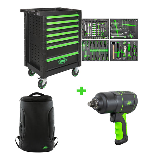 7 DRAWER TOOL TROLLEY - GREEN - TOOLS INCLUDED + IMPACT WRENCH 1/2" 1200NM