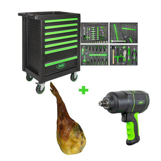 7 DRAWER TOOL TROLLEY - GREEN - TOOLS INCLUDED + IMPACT WRENCH 1/2" 1200NM + HAM