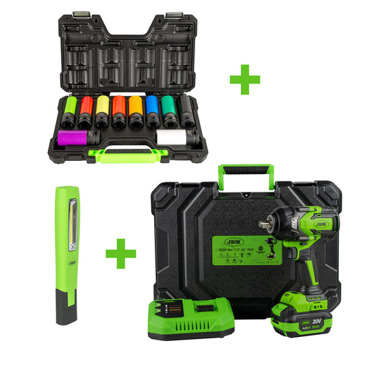 1/2" 1000NM BRUSHLESS IMPACT WRENCH+ 10 PIECE 1/2" IMPACT WHEEL SOCKET + LED PORTABLE LIGHT
