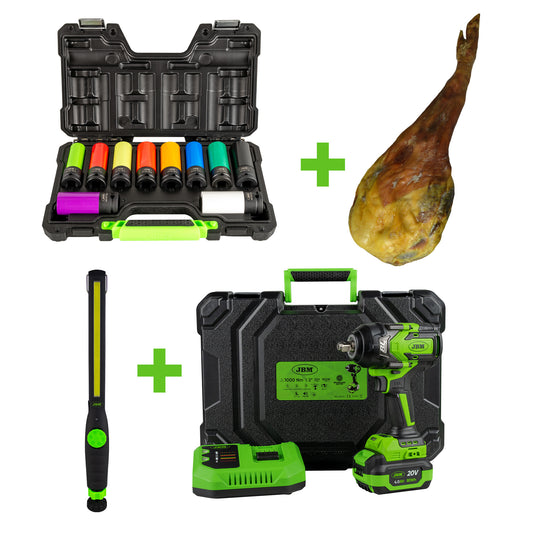 10 PIECE 1/2" IMPACT WHEEL SOCKET  + 1/2" 1000NM BRUSHLESS IMPACT WRENCH + COB LED + SPANISH HAM