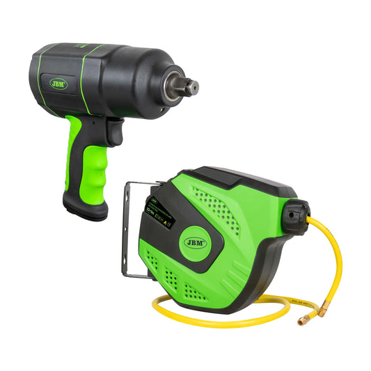 53608 IMPACT WRENCH 1/2" 1200NM + 53882 11M AIR HOSE REEL WITH RETRACTABLE - GREEN