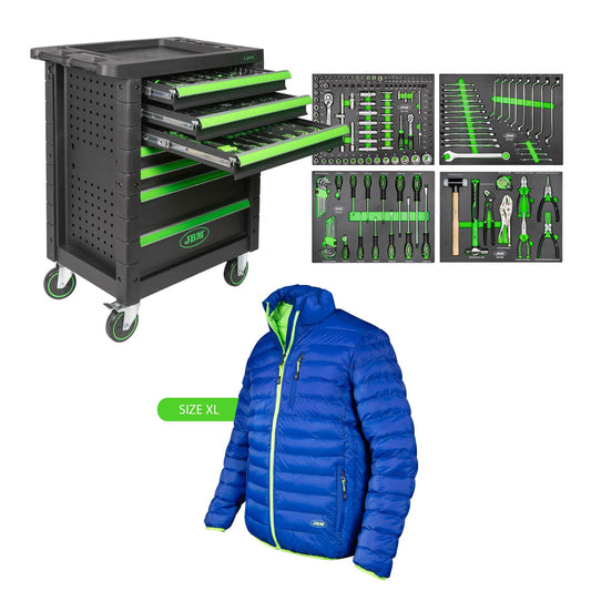53904 7 DRAWER TOOL TROLLEY - GREEN - TOOLS INCLUDED + 70012 GREEN-BLUE JACKET SIZE XL