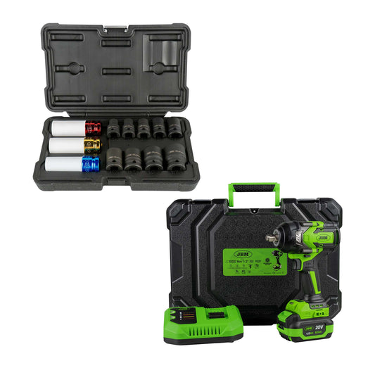 60051C 1/2" 1000NM BRUSHLESS IMPACT WRENCH WITH STORAGE CASE + 52343 12 PIECE 1/2" HEXAGONAL IMPACT