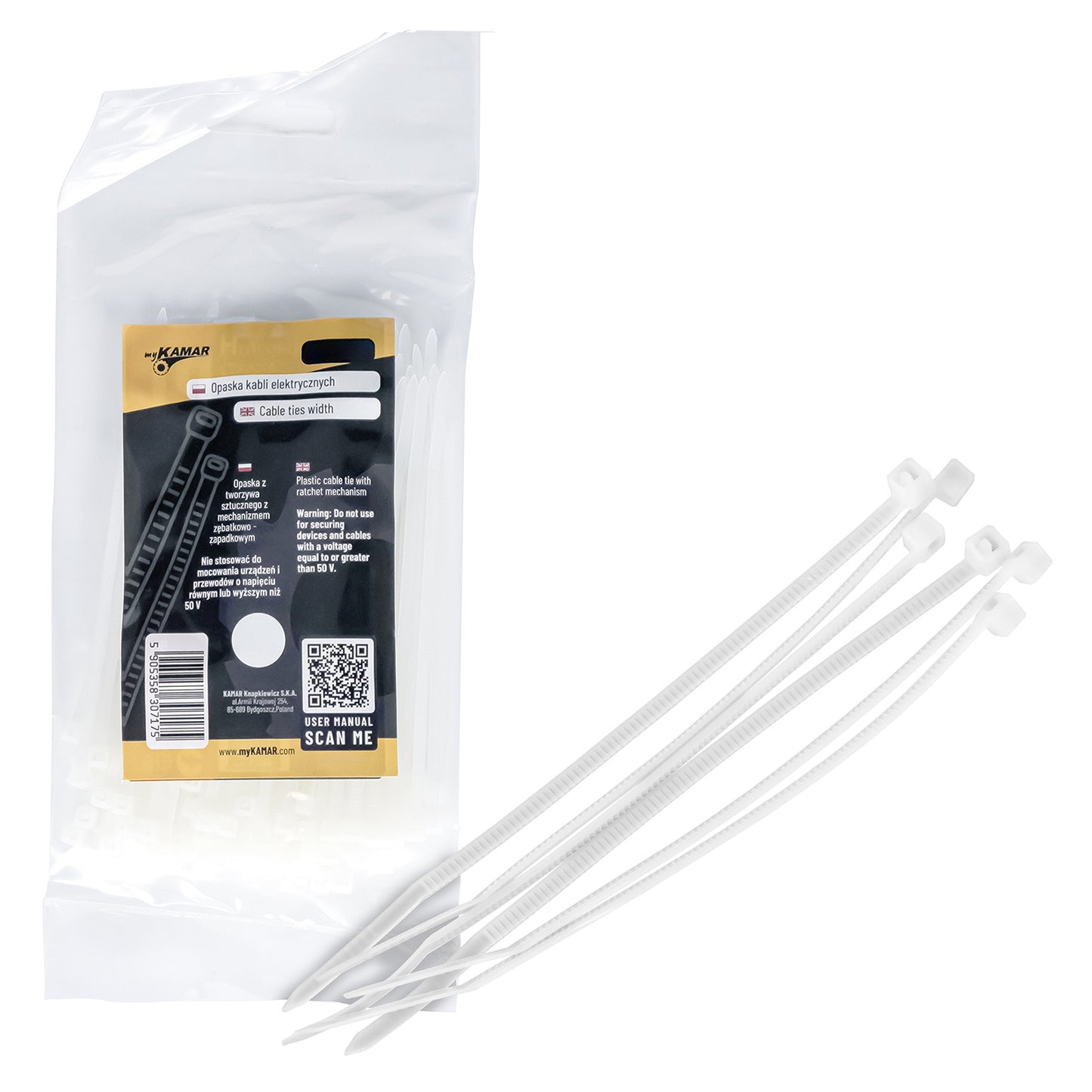 Cable ties width 4,8mm x 25cm WHITE (100 pcs.)
