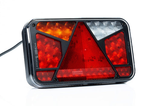 Universal LED 12V left rear lamp with reflective triangle, 7-functional, STOP