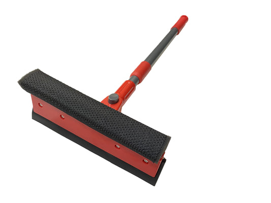 Window cleaning sponge with a squeegee and a telescope